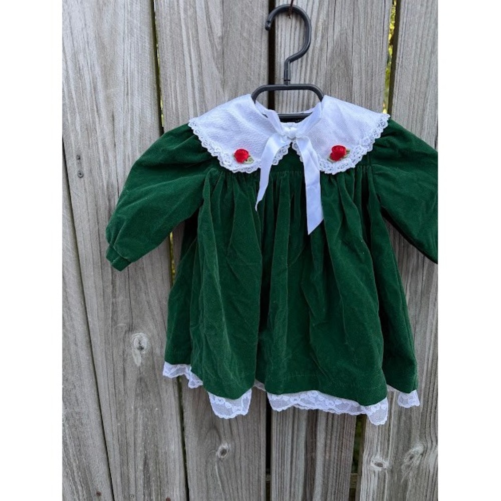 Cottagecore Holiday Allison Ann Dress 12M Green Velvet Lace Peter Pan Collar